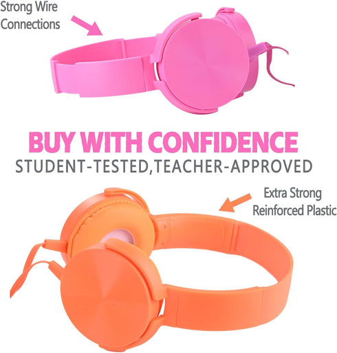 Kids Headphones 2 Pack for School Classroom K-12, Durable Wired Student Computer Online Learning Headset for Laptop Library Airplane and Travel (Pink+Orange)
