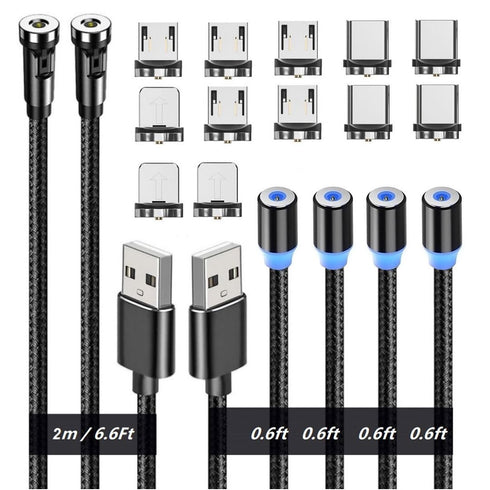 Magnetic Charging Cables 3in1, 540° Rotation Cable Sets for Smartphones (0.6ft+6.6ft), Black, 6pcs