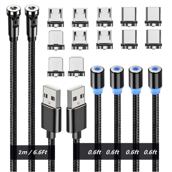 Magnetic Charging Cables 3in1, 540° Rotation Cable Sets for Smartphones (0.6ft+6.6ft), Black, 6pcs