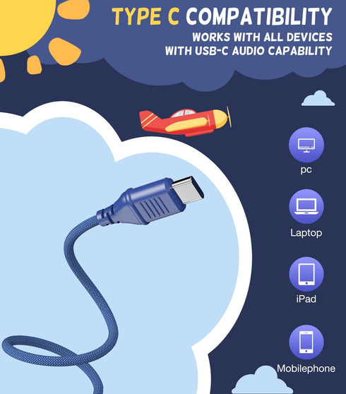Kids Headphones, Upgrade USB Type C Kids Headphones for School, 94dB Volume Limit Wired On-Ear Headset for Kids/Toddlers/Children/Teens/Boys/Girls