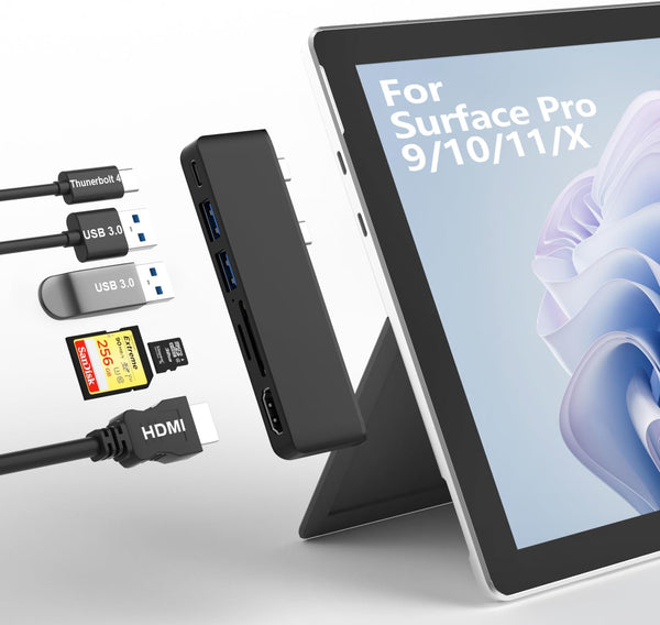 Surface Pro 9/10/11/X Docking Station with 4K HDMI, USB-C Thunderbolt 4, USB 3.0, SD/TF Card Reader