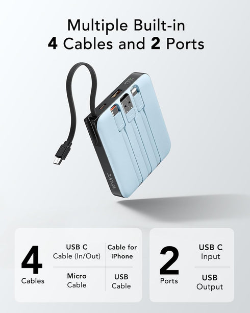 VRURC Portable Charger for iPhone, 10000mAh Power Bank with PD 20W Fast Charging and 4 Built-in Cords, Blue