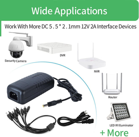 EVERSECU 8CH Security Cameras Power Adapter, 100V-240V AC to DC12V 5A with 8-Way Power Splitter Cable