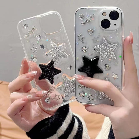 iPhone 15 Plus Case, Clear Bling Stars 3D Hearts Diamond Twinkle Star Glitter Soft TPU for Women Girls Teens