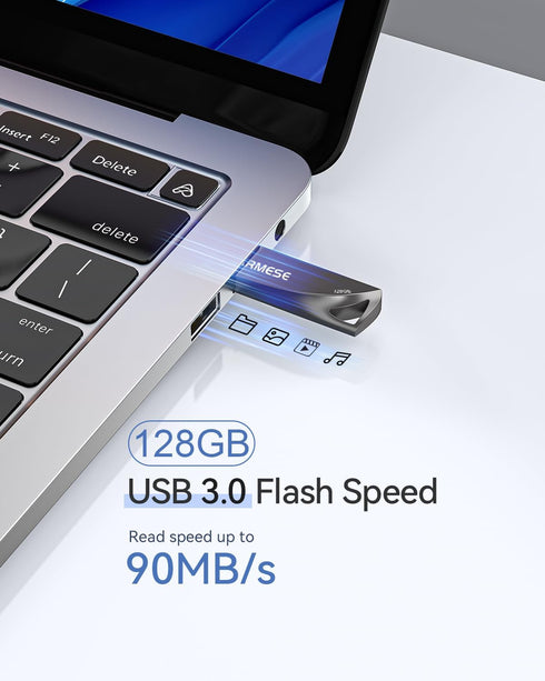 128GB USB 3.0 Flash Drive, Slim Waterproof Metal Memory Stick, Portable Keychain Thumb Drive for PC - Gray