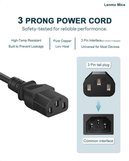 Lenmu Mica 18AWG 3-Prong 3 Amplifier Power Cord Compatible with ION Pathfinder, ION Block Rocker, ION Tailgater