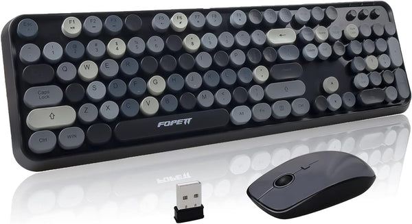 FOPETT Wireless Keyboard and Mouse Set, Reliable 2.4 GHz Connectivity for PC, Laptop, Smart TV (Grey Colorful)