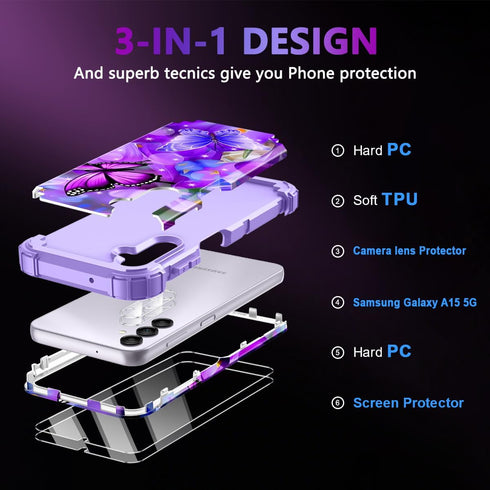 Rancase Butterfly Galaxy A15 5G Case: Three-Layer Heavy Duty Shockproof with 2 Tempered Glass Protectors, 6.5 inch.