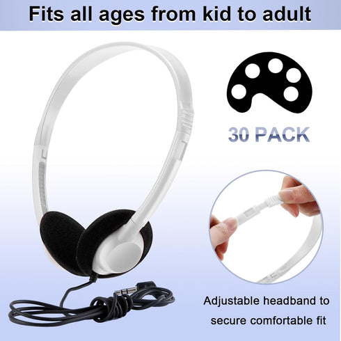 Yunsailing 30 Pack Class Set Headphones for Kids, On Ear Bulk Classroom Headsets with 3.5 mm Jack for Children, Boys,