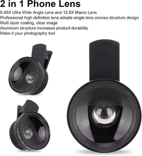 2 in 1 Cell Phone Lens Kit, 0.45X Wide Angle 12.5X Macro Phone Camera Lens, Professional Detachable HD Lens with Clip