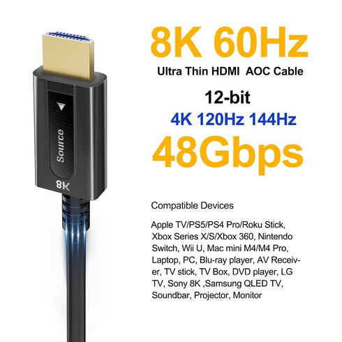25 ft,8K 2.1 Cord,48Gbps,8K@60Hz 4K@120Hz, HDR10 Dolby PS4/PS5, Fiber Optic HDMI Cable Long HDMI Cable,Ultra High Speed