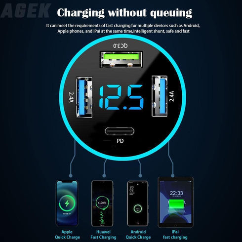 4 Port USB Car Charger Adapter, Car Charger USB C with Voltage Display PD 3.0 & QC 3.0 Fast Charging for iPhone,