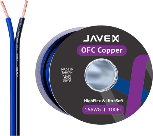 JAVEX 16-Gauge AWG Speaker Wire (100 FT), HighFlex Cable for Hi-Fi Systems, Home Theater, Car Audio, Blue/Black