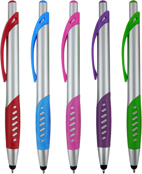 2 in 1 Capacitive Stylus & Ballpoint Pen - Comfort Grip for Any Touchscreen Device, Silver 5 Pack