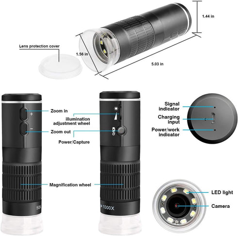 WiFi Digital Microscope for iPhone Android Phone Mac Windows, HD 1080P/720P Video Record, 50-1000X Magnification