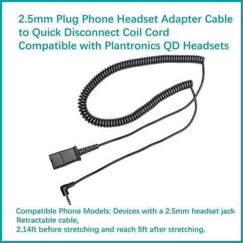 daily headset 2.5mm Quick Disconnect Coil Cable Compatible with Plantronics QD Work with Cordless or Cell Phones Which Have a 2.5mm Port