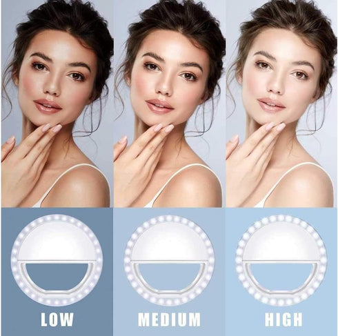 Generic 3 Selfie Ring Light for iPhone, Android, Tablet - Rechargeable Clip-on Light Levels