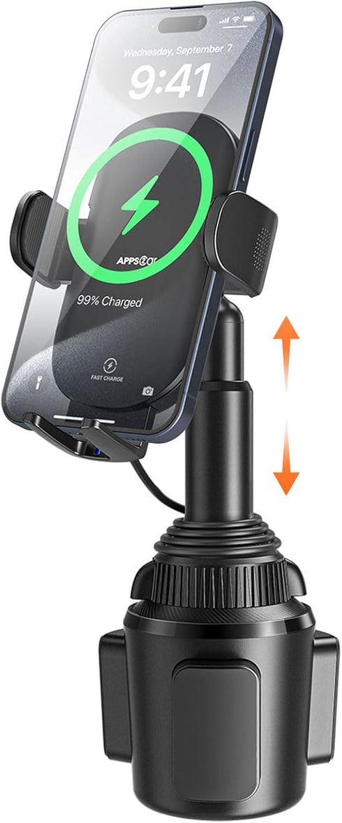 APPS2Car Solid Cup Holder Phone Mount with Wireless Charger 15W, Quick Extension Long Arm, 360 Rotatable for iPhone 15