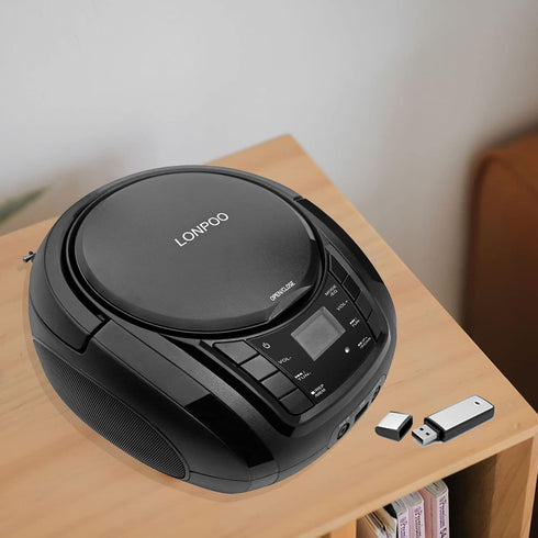 LONPOO Portable Boombox, CD Player, Bluetooth, USB, MP3, AUX, FM Radio, Built-in Stereo Speakers, Carrying Handle, LCD