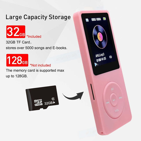MP3 Player 32GB with Speaker Earphones, Portable Music Player for Kids, FM Radio, Voice Recorder, E-Book, Pink