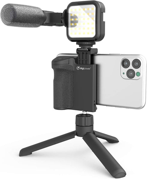 DigiPower Follow ME #GoViral Vlogging Kit for Cameras & Phones, with Microphone, 36 LED Light, Smartphone Grip,