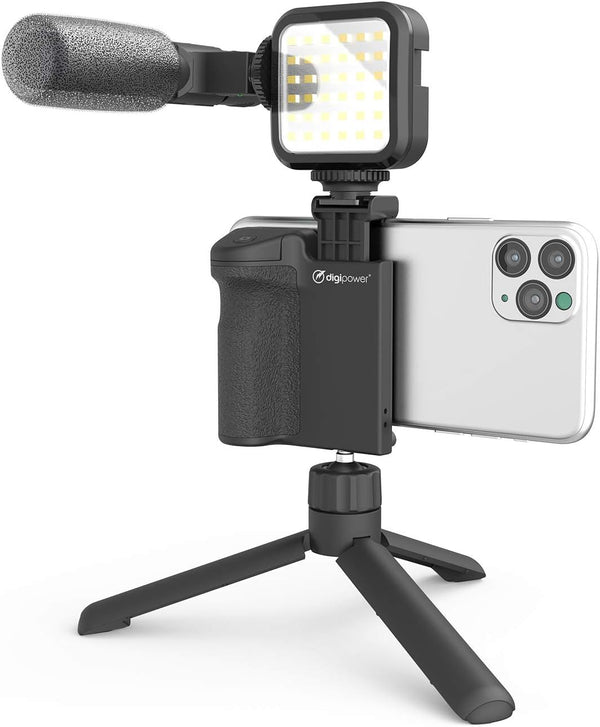 DigiPower Follow ME #GoViral Vlogging Kit for Cameras & Phones, with Microphone, 36 LED Light, Smartphone Grip,