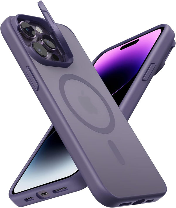 Magnetic Case for iPhone 14 Pro with KickStand, Camera Guard, Military Grade Drop Tested, Translucent Matte Purple