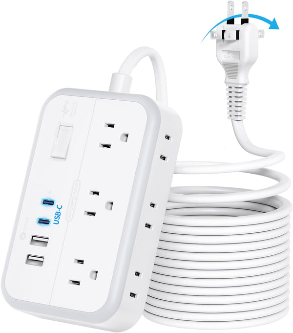 NTONPOWER 25 FT 2 Prong Extension Cord with 1080 Joules Surge Protector, 6 Outlets, 4 USB Ports, Flat Plug