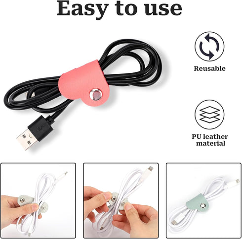Heart Cord Organizer 3 Pack - PU Leather USB Cable & Earphones Storage Straps, Cute Charging Holder for Women & Girls.