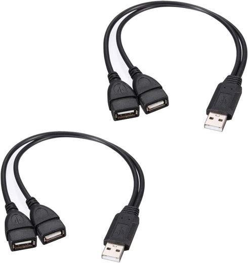 Dual USB Female Jack Y Splitter Charger Cable (2 Pack) - USB 2.0 Adapter for Laptop, Tablet, Smartphone Data & Charging.