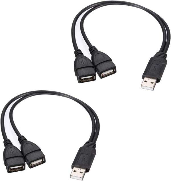 Dual USB Female Jack Y Splitter Charger Cable (2 Pack) - USB 2.0 Adapter for Laptop, Tablet, Smartphone Data & Charging.