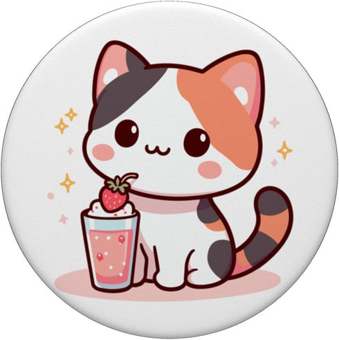 Cute Kawaii Style Calico Cat Drinking Strawberry Milk PopSockets Standard PopGrip