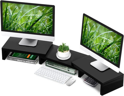 TAVR Dual Monitor Stand Riser for 2 Monitors, Adjustable Length and Angle, 3 Shelf, Black