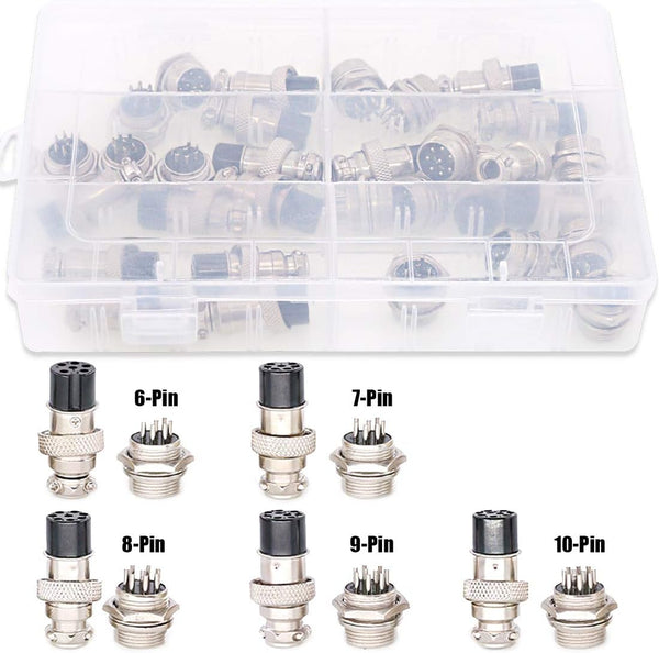 Hilitchi 32-Pieces Metal Aviation Wire Connector Plug Assortment Kit, 6 7 8 9 10 Pin 16mm Male Female