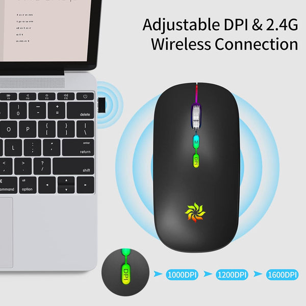 KBCASE LED Wireless Mouse, Slim Silent 2.4G Rechargeable for Laptop, MacBook, iPad, Chromebook, USB & Type-C Receiver