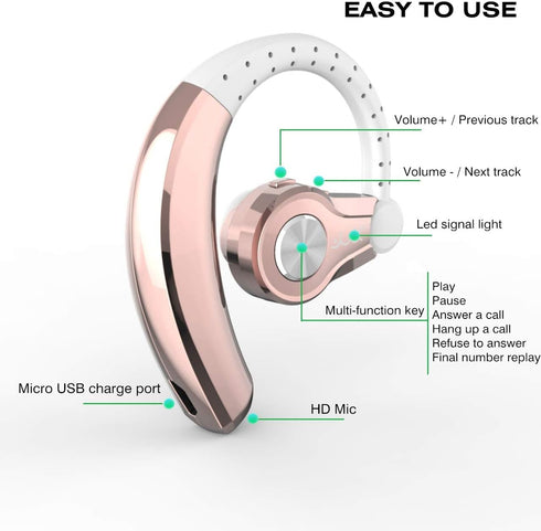 Wireless Headset with Mic - Comfy Wireless Earbud with 8 Hrs HiFi Sound, Compatible with Android/iPhone, Rose Gold