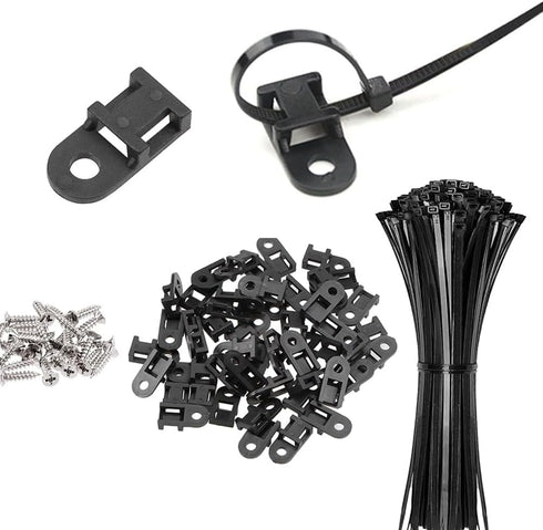 60 Set Cable Zip Tie Mounts Kit, Black 6" Zip Ties with Base and Tapping Screw - Wire Cable Clips Organizer Holders