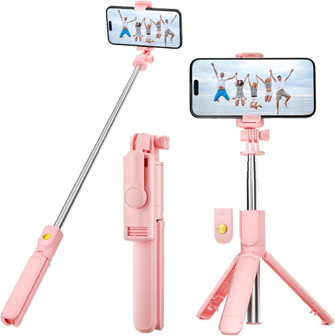 Aourxiv Pink Selfie Stick Tripod, with Wireless Remote Control, Live Streaming and Video