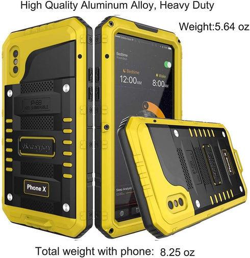Beasyjoy iPhone X Case, Heavy Duty Metal Cover with Screen, Waterproof Shockproof, Military Grade Protection, Yellow,