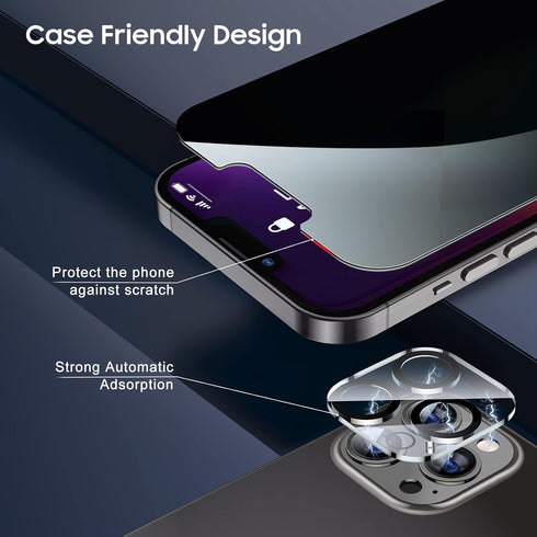 UniqueMe Privacy Screen Protector for iPhone 13 Pro Max, Tempered Glass & Camera Lens, Anti-Spy, Easy Install, 2+2 Pack.