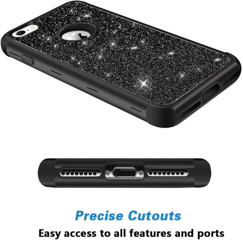 Hython Heavy Duty Full-Body Defender Case for iPhone 7 and 8, Bling Glitter Sparkle Hard Shell Hybrid - Black