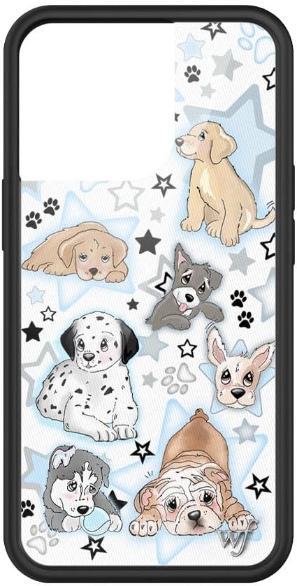 Wildflower Cases Puppy Party Case for Apple iPhone 13 Pro | Trendy Blue, Dogs, White, Protective Black Bumper, 4ft Drop