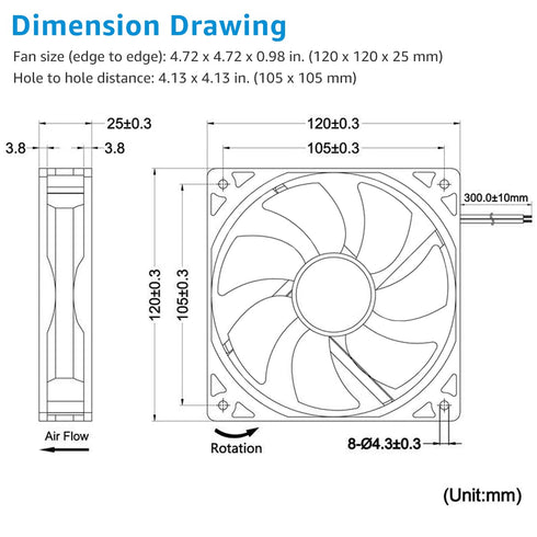GDSTIME Dual Ball Bearings Cooling Exhaust Fan, 120mm x 120mm x 25mm, 5 inch 12v Brushless