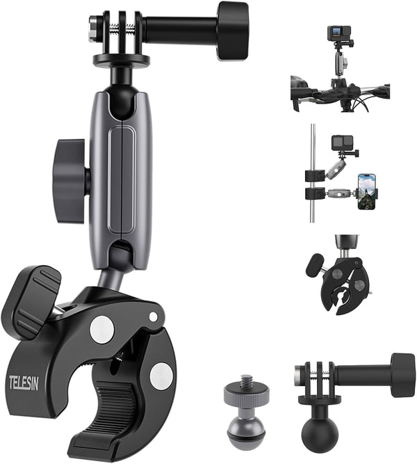 TELESIN 360 Metal Clamp Mount for Dirt Bike Motorcycle, Handlebar Mounts for GoPro 13 12 11 10 9 8 7