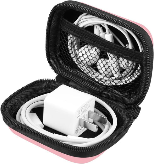Earbud Case Holder, RISETECH Hard EVA Earphone Travel Case Headphone Small Zipper Pouch Compatible with Flash Drive, SD Cards, USB Charger Cable, AirPods, Sony Wired Earbuds with Keychain -Pink
