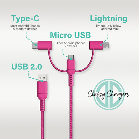 Classy Chargers 3-in-1 Universal Nylon Charging Cables, 6ft Certified Lightning, Type C, Micro USB, Hot Pink