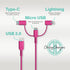 Classy Chargers 3-in-1 Universal Nylon Charging Cables, 6ft Certified Lightning, Type C, Micro USB, Hot Pink