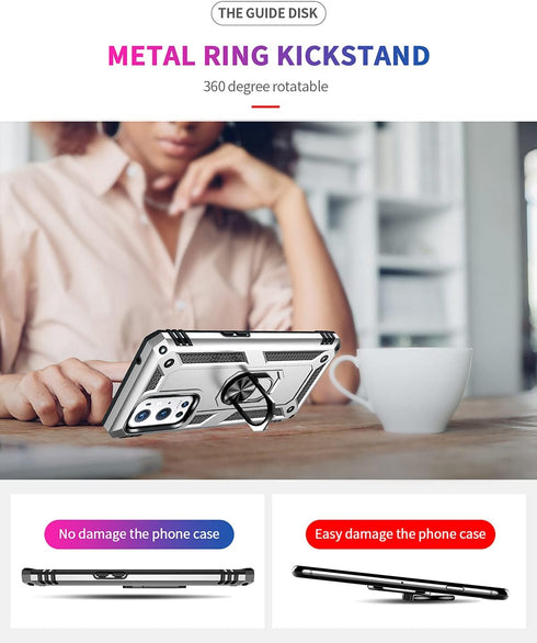 Military Grade Drop Impact Case for Oneplus 9 Pro, 360 Metal Rotating Ring Kickstand Holder, Shockproof (Silver)