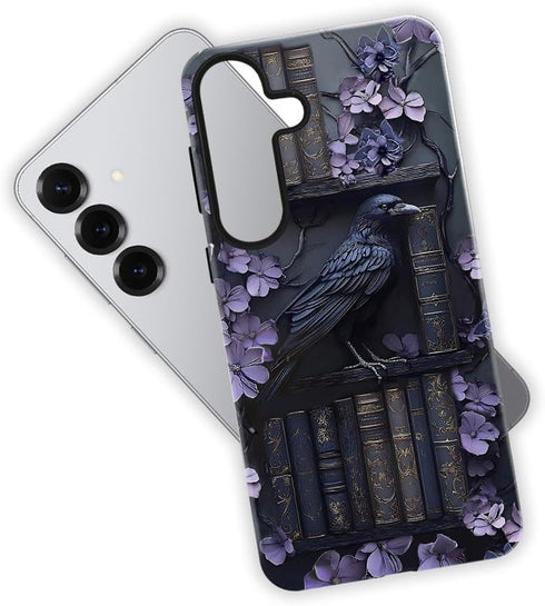 TnXee S25 2 1 Case for Samsung Galaxy Plus,Purple Floral Crow Bookshelf Phone Case Drop Resistant Glossy in Solid