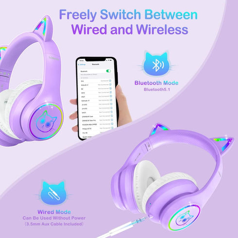 LOBKIN Bluetooth 5.3 Kids Headphones with Case - Foldable Adjustable Over Ear Headphones with RGB LED Cat Ears